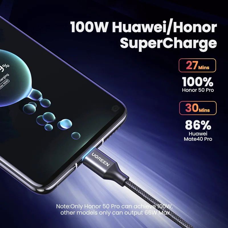 UGREEN SCP 6A 100W Type C Cable only for Huawei Honor Fast Charging USB-A to USB-C Cord Cable Huawei Super Charge Data Transfer