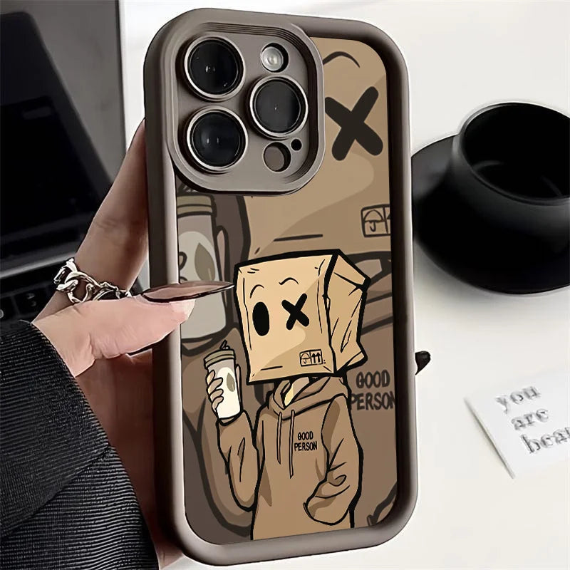 Cartoon Box Man Pattern Silicone Phone Case For iPhone