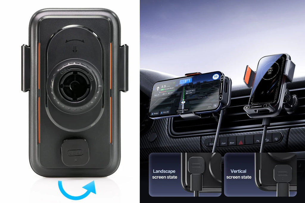 Car Phone Charger Phone Holder 15W Wireless & Wired Charger Auto Sensing One-Touch Release and Rotation Qi FCC ROHS Certified
