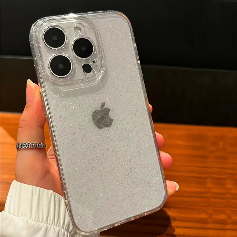 Bling Glitter Clear Case For iPhone 16 15 Pro Max 14 13 12 11 XR X XS 16 Plus Lens Protection Shockproof Transparent Soft  Cover