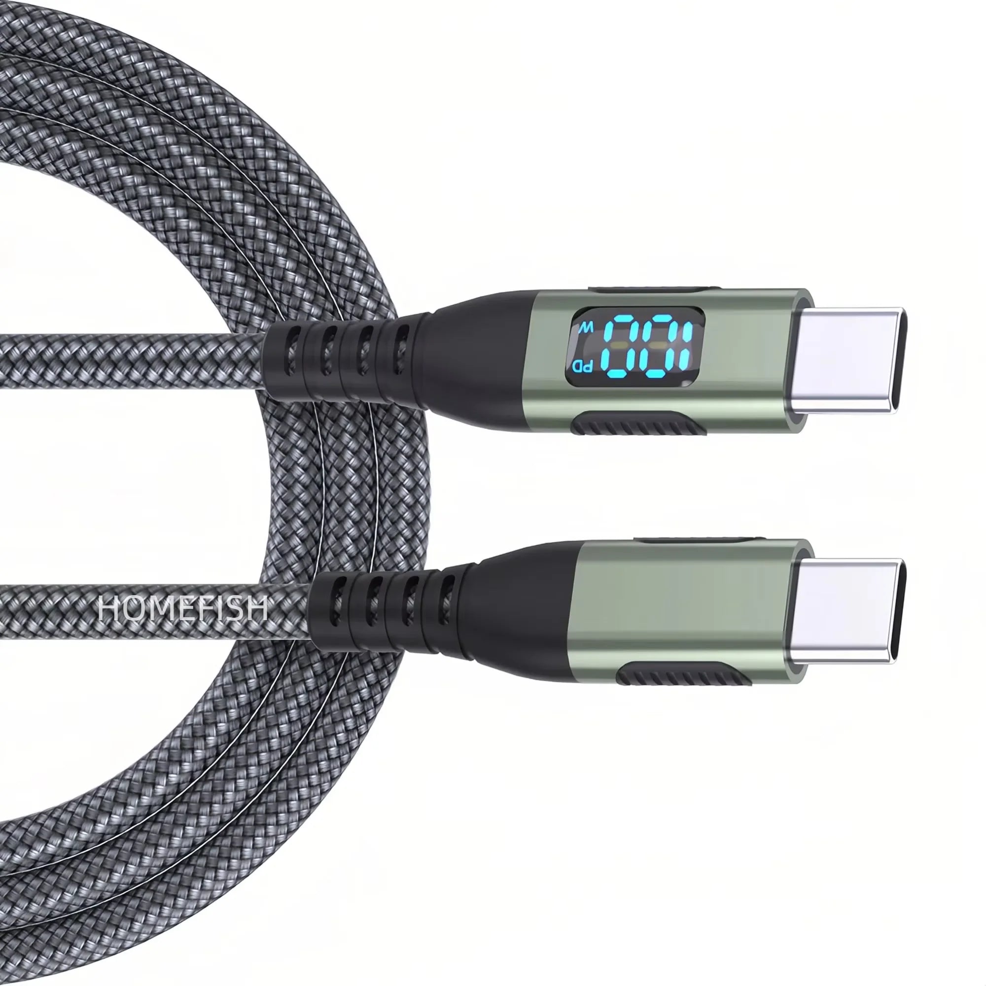HOMEFISH 60W USB-C Super Fast Charging Cable with Digital Display, Braided Anti-Fracture Wire, Maximum Compatible with 120W
