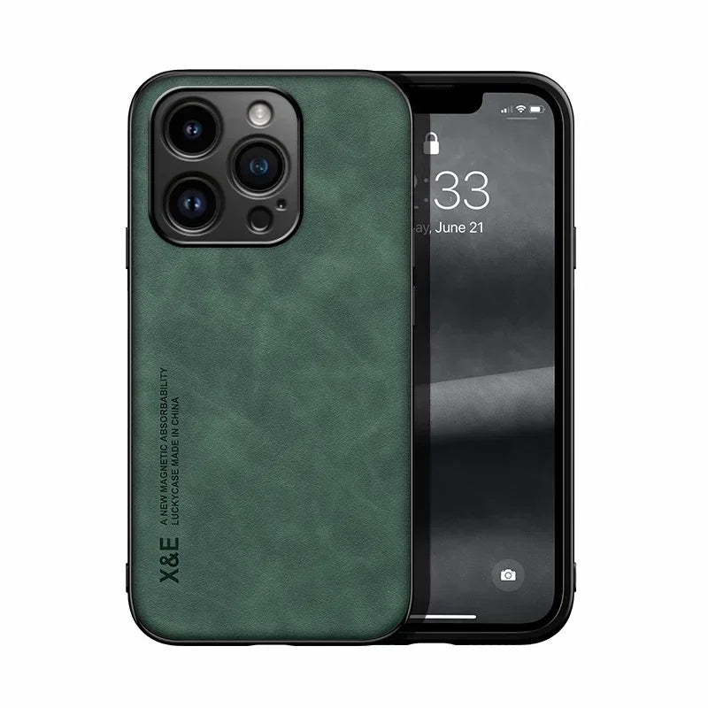 Luxury Leather Case For iPhone 17 16 16e 15 14 13 12 11 Pro Max Plus 12 13 Mini SE 8 7 Cover With Metal Plate Support Car Hold
