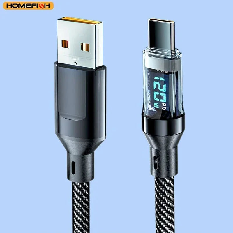 HOMEFISH 60W USB-C Super Fast Charging Cable with Digital Display, Braided Anti-Fracture Wire, Maximum Compatible with 120W