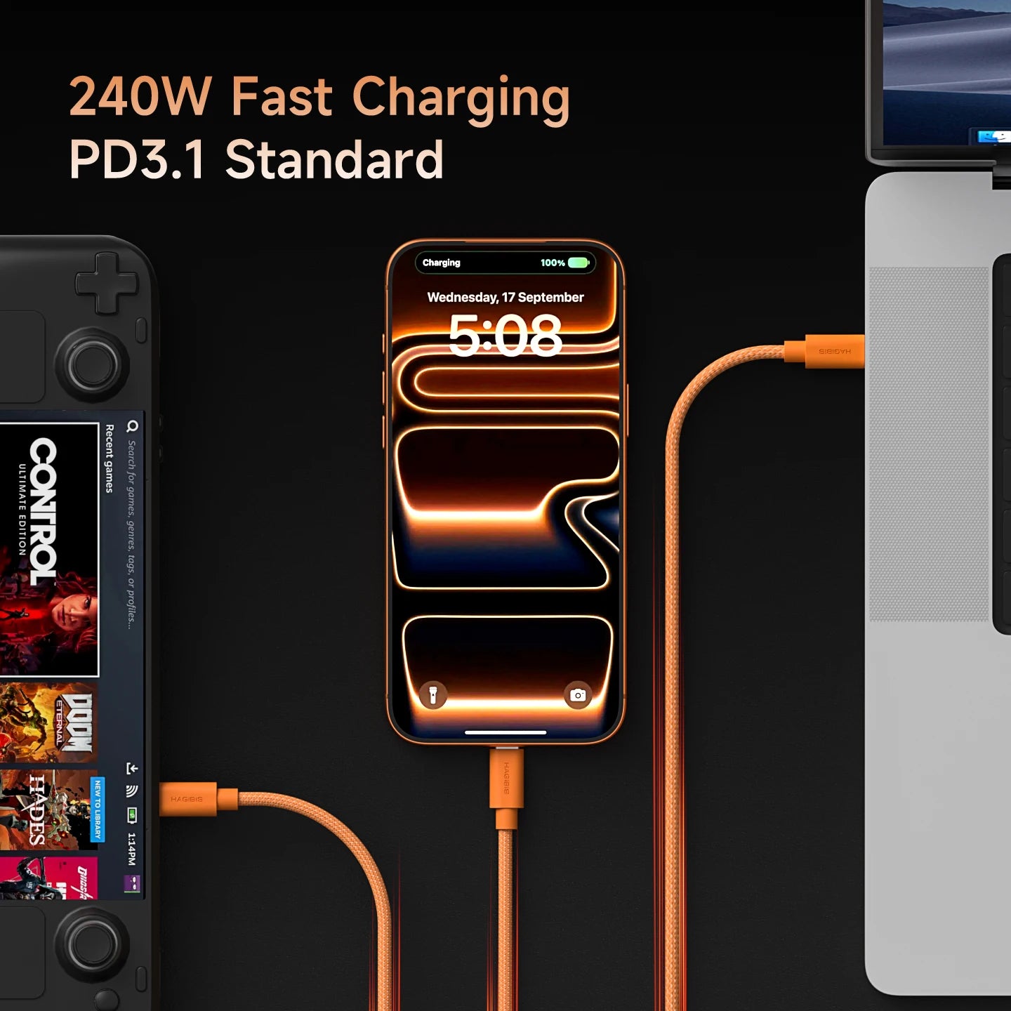 Hagibis USB C to USB C Cable Type-C 240W Fast Charging Cord Wedge Plug PD3.1 Charger Cable for iPhone 17 Pro Max Tablet Carplay