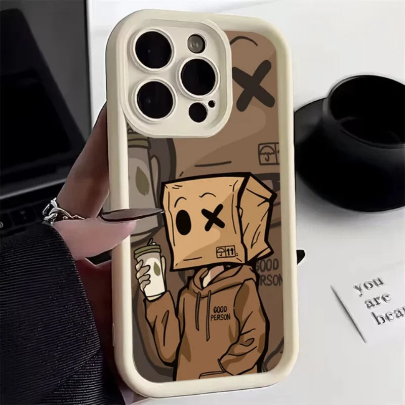 Cartoon Box Man Pattern Silicone Phone Case For iPhone