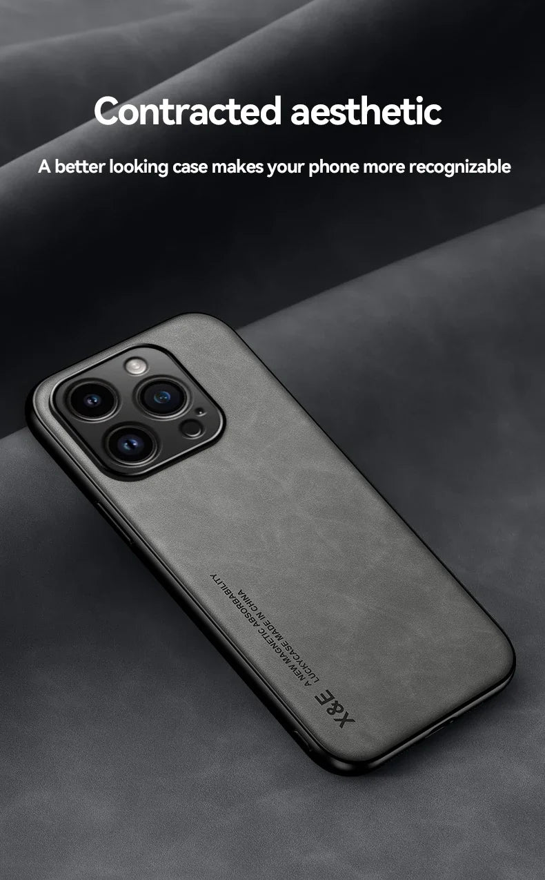 Luxury Leather Case For iPhone 17 16 16e 15 14 13 12 11 Pro Max Plus 12 13 Mini SE 8 7 Cover With Metal Plate Support Car Hold