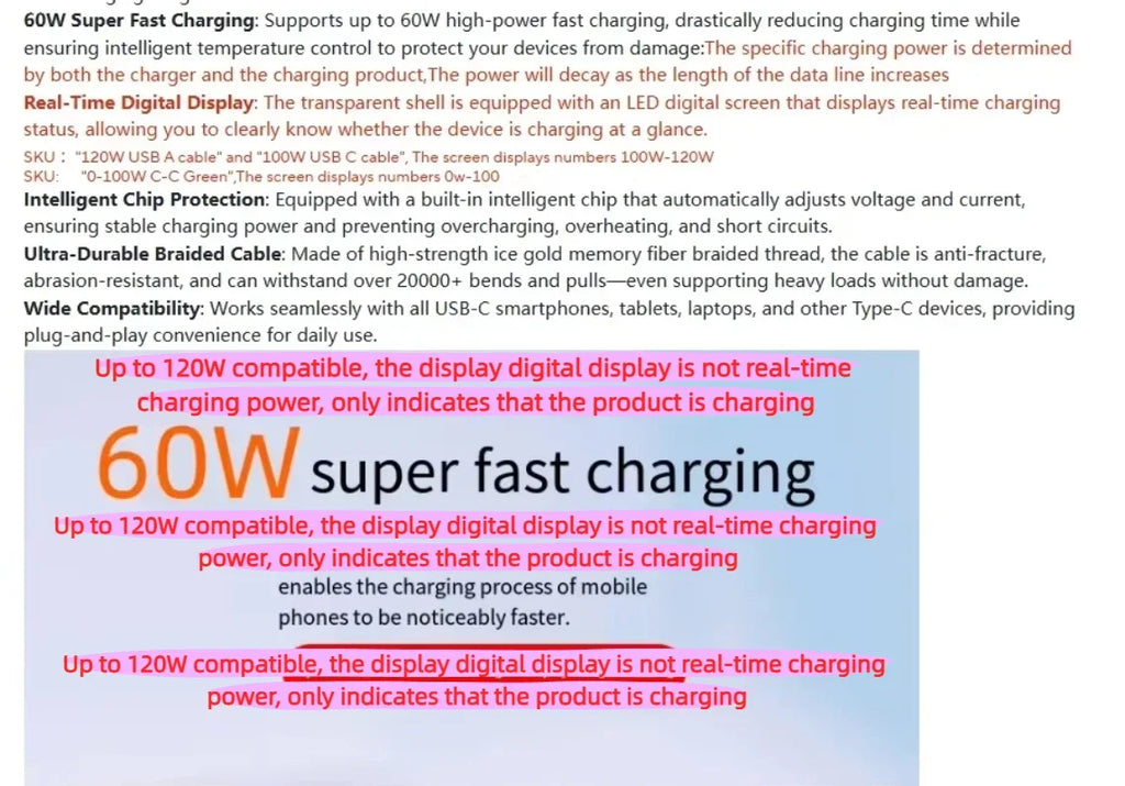 HOMEFISH 60W USB-C Super Fast Charging Cable with Digital Display, Braided Anti-Fracture Wire, Maximum Compatible with 120W