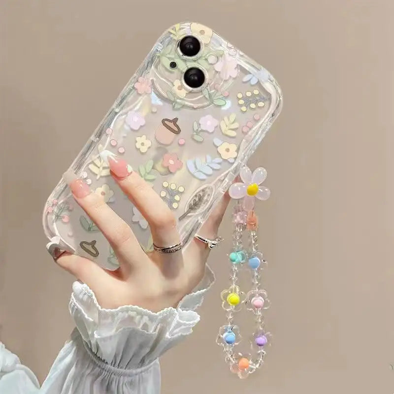 Phone Case For iPhone 17 16 15 Pro Max 14 11 13 12 Mini Plus 16E 17 Air IPhone17 Back Cover Flower Bracelet Wrist Chain Strap