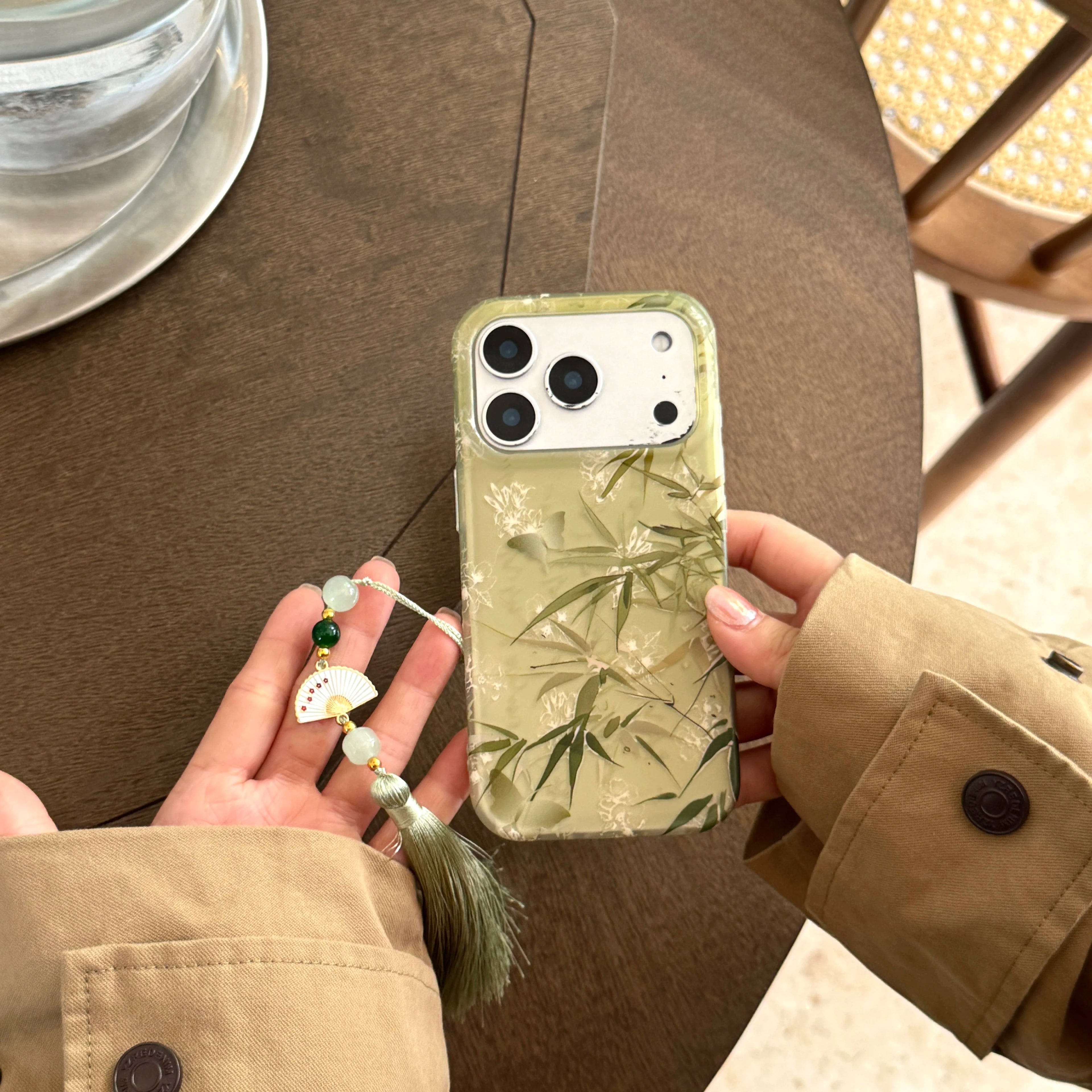 Traditional Chinese Style Bamboo Butterfly Fan and Beads Pendant Phone Case for iPhone